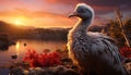 Sunset over rural farm, ducks and geese graze in grass generated by AI Royalty Free Stock Photo