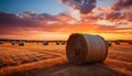 Sunset over a rural farm, golden wheat bales dot the meadow generated by AI Royalty Free Stock Photo