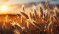 Sunset over a rural farm, golden wheat fields in summer generated by AI Royalty Free Stock Photo