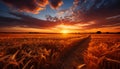 Sunset over rural farm, golden wheat harvest, tranquil meadow generated by AI Royalty Free Stock Photo