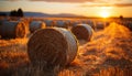 Sunset over a rural farm, golden wheat harvested outdoors generated by AI Royalty Free Stock Photo