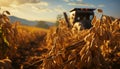 Sunset over a rural farm, harvesting golden wheat generated by AI Royalty Free Stock Photo