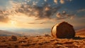 Sunset over a rural farm, meadow bales, golden harvest, nature beauty generated by AI