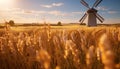 Sunset over rural farm, meadow of wheat, windmill harnessing wind generated by AI Royalty Free Stock Photo