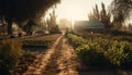 Sunset over rural farm, tree branch silhouettes generated by AI Royalty Free Stock Photo