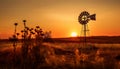 Sunset over rural farm, windmill silhouette harnessing wind power generated by AI Royalty Free Stock Photo