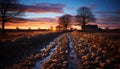 Sunset over rural landscape, tree on farm generated by AI Royalty Free Stock Photo