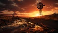 Sunset over the rural landscape, windmill harnessing power generated by AI Royalty Free Stock Photo