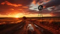 Sunset over rural landscape, windmill harnessing wind power generated by AI Royalty Free Stock Photo