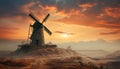 Sunset over the rural landscape, windmill spins in the wind generated by AI Royalty Free Stock Photo