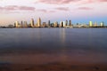 Sunset over the San Diego skyline across San Diego Bay from Coronado Island Royalty Free Stock Photo