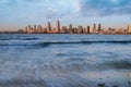 Sunset over the San Diego skyline across San Diego Bay from Coronado Island Royalty Free Stock Photo