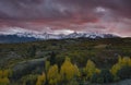 Sunset over San Juan Mountain range and Autumn Fall color of the Dallas Divide Ridgway, Colorado Royalty Free Stock Photo