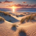 Sunset over the sand dunes in the desert. Sunrise over the sea. Royalty Free Stock Photo