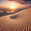 Sunset over the sand dunes in the desert. Sunrise over the sea. Royalty Free Stock Photo