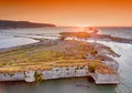 Sunset over Santa Maura Castle near Lefkada Town in Lefkada (Lefkas) Island Greece aerial view