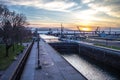 Sunset Over The Sault Ste Marie Skyline And Soo Locks Royalty Free Stock Photo