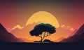 Sunset over the savana with the silhouette of a baobab in the foreground. Generative AI Royalty Free Stock Photo