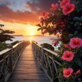 Sunset over the sea, all around orange and pink flowers, green leaves, a wooden platform in the middle. Flowering flowers, a