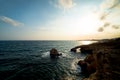 Sunset over Sea Caves, Cape Greko. Agia Napa, Cyprus Royalty Free Stock Photo