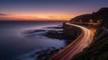 Sunset over the Sea cliff bridge along Pacific ocean coast with lights of passing cars near Sydney. Generative Ai Royalty Free Stock Photo