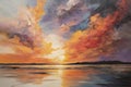 Sunset over the sea, colorful clouds, oil painting on canvas Royalty Free Stock Photo