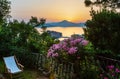 Sunset over the sea islet Sveti Stefan, Montenegro Royalty Free Stock Photo