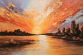 Sunset over the sea, oil painting on canvas Royalty Free Stock Photo