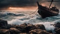 sunset over the sea A scary long boat on the rocks at a sea , with storms,