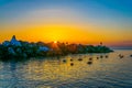 sunset over sea viewed from Riomaggiore village, Cinque terre, Italy....IMAGE Royalty Free Stock Photo