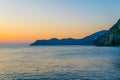 sunset over sea viewed from Riomaggiore village, Cinque terre, Italy....IMAGE Royalty Free Stock Photo