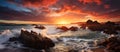 Sunset over the sea with waves crashing on the rocks. Panorama Royalty Free Stock Photo