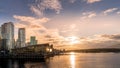 Sunset over the Seaplane Terminal and the High Rise Condominium Towers in the Coal Harbour Neighbourhood on the shore of Vancouver Royalty Free Stock Photo