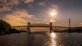 Sunset over the Second Narrows Bridge Ironworkers Bridge of the Trans Canada Highway and a raised Railway Bridge in Vancouver Royalty Free Stock Photo