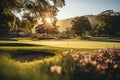 Sunset over a serene golf course with vibrant greenery and a flagstick on the hole