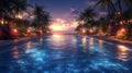 Sunset over shimmering pool, surrounded by tropical palms and vibrant flowers Royalty Free Stock Photo