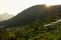 Sunset over Skala Potamia village and mountains, Golden hour, Scenic landscape, wild nature Thassos, Greece