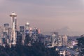 Sunset over the skyline of the city of Seattle and the profile of Mount Rainier in the background. Royalty Free Stock Photo