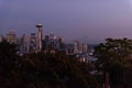 Sunset over the skyline of the city of Seattle and the profile of Mount Rainier in the background. Royalty Free Stock Photo