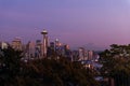 Sunset over the skyline of the city of Seattle and the profile of Mount Rainier in the background. Royalty Free Stock Photo