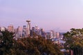 Sunset over the skyline of the city of Seattle and the profile of Mount Rainier in the background. Royalty Free Stock Photo