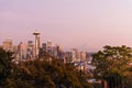 Sunset over the skyline of the city of Seattle and the profile of Mount Rainier in the background. Royalty Free Stock Photo