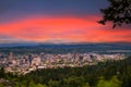 Sunset over skyline of Portland, Oregon from Pittock Mansion viewpoint Royalty Free Stock Photo