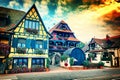 Sunset over small town with typical half-timbered houses. Alsace Royalty Free Stock Photo