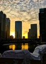 Sunset over a snowy Chicagoland and Chicago River in winter. Royalty Free Stock Photo