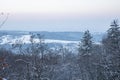 Sunset over snowy hills in Bulgaria. Naked trees covered in snow. Clear pink winter sky. Royalty Free Stock Photo