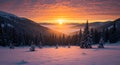 Sunset over snowy mountain forest Royalty Free Stock Photo
