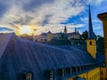 Sunset over St. John Church church of St. John or St. Jean du Grund in the Grund district, in the old town of Luxembourg, Europe Royalty Free Stock Photo