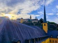 Sunset over St. John Church church of St. John or St. Jean du Grund in the Grund district, in the old town of Luxembourg, Europe Royalty Free Stock Photo
