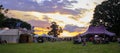 Sunset over the Stalls and Marque at the Green Gathering Festival